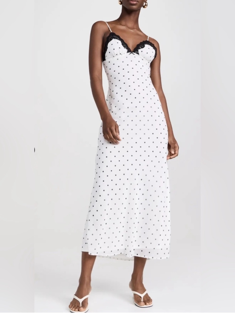 Polka Dot Slip Maxi Dress with Black Lace Trim